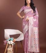 lilac cotton blend saree with woven zari pallu