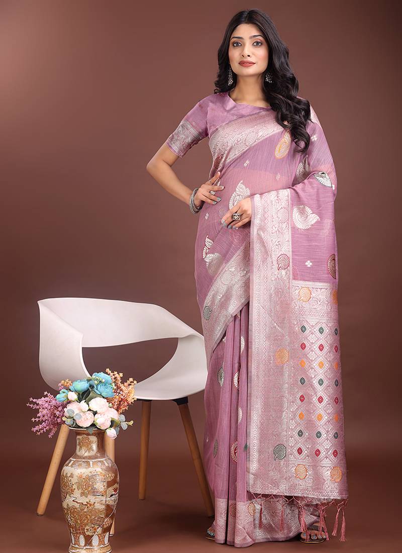 lilac cotton blend saree with woven zari pallu