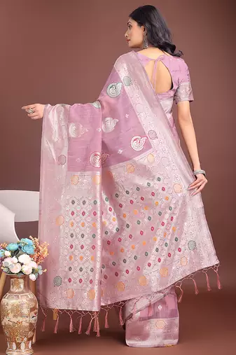 lilac cotton blend saree with woven zari pallu