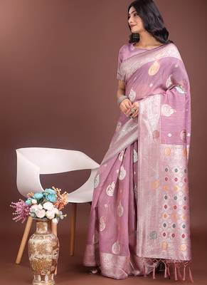 lilac cotton blend saree with woven zari pallu 3