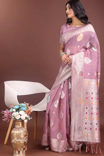 lilac cotton blend saree with woven zari pallu