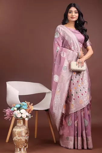 lilac cotton blend saree with woven zari pallu