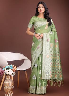 light green cotton blend saree with woven zari pallu 1