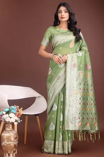 light green cotton blend saree with woven zari pallu