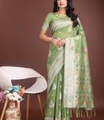 light green cotton blend saree with woven zari pallu