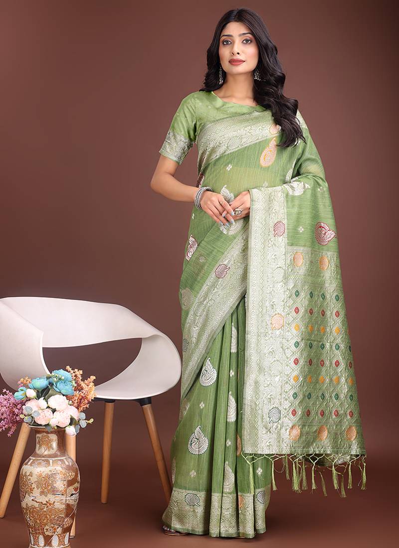 light green cotton blend saree with woven zari pallu