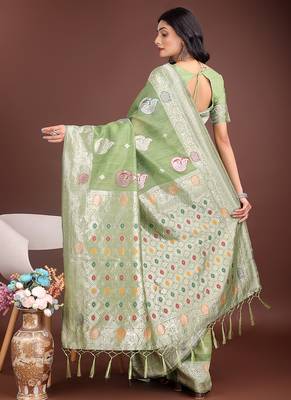 light green cotton blend saree with woven zari pallu 2