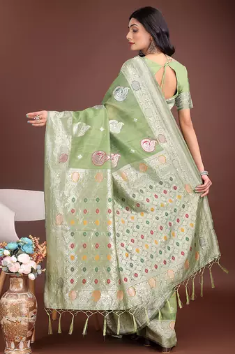 light green cotton blend saree with woven zari pallu