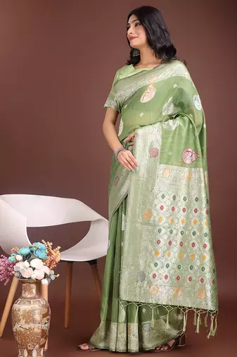 light green cotton blend saree with woven zari pallu
