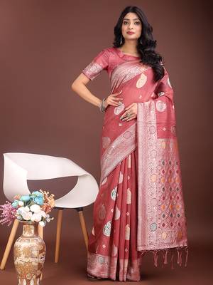 onion pink cotton blend saree with woven zari pallu 1