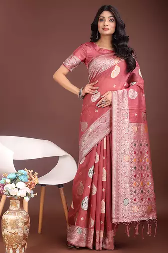 onion pink cotton blend saree with woven zari pallu