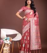 onion pink cotton blend saree with woven zari pallu