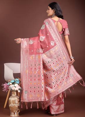 onion pink cotton blend saree with woven zari pallu 2