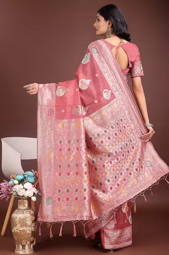 onion pink cotton blend saree with woven zari pallu