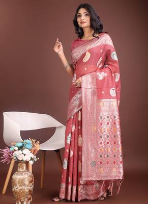 onion pink cotton blend saree with woven zari pallu 3