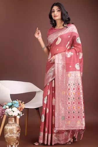 onion pink cotton blend saree with woven zari pallu