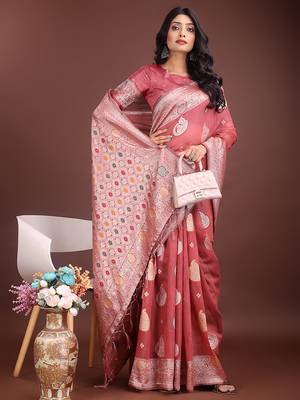 onion pink cotton blend saree with woven zari pallu 4
