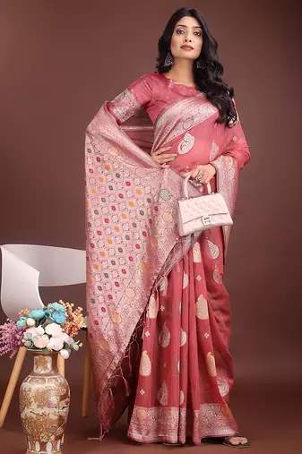 onion pink cotton blend saree with woven zari pallu