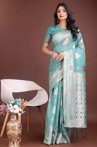 sea green cotton blend saree with woven zari pallu