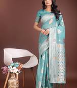 sea green cotton blend saree with woven zari pallu