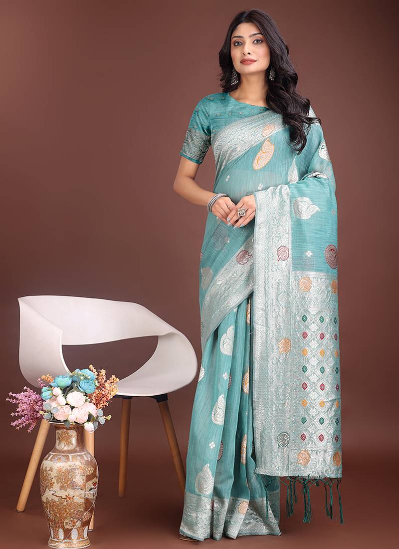 sea green cotton blend saree with woven zari pallu