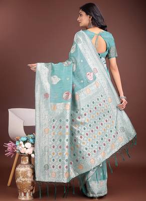 sea green cotton blend saree with woven zari pallu 2