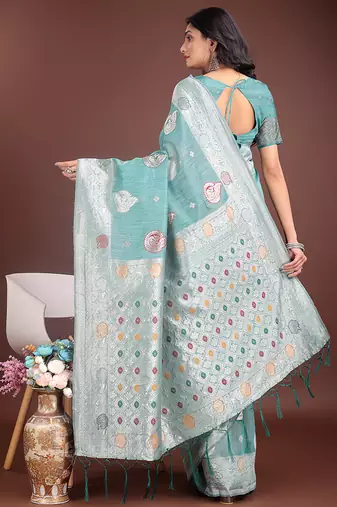 sea green cotton blend saree with woven zari pallu