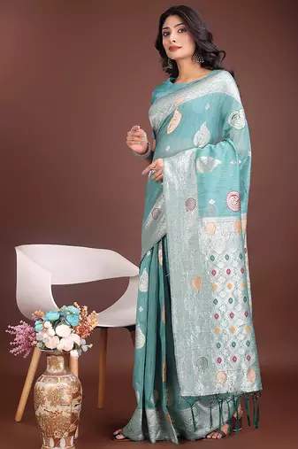 sea green cotton blend saree with woven zari pallu