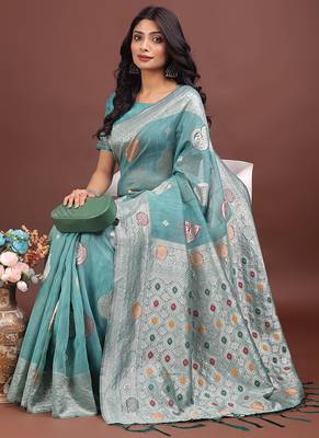 sea green cotton blend saree with woven zari pallu 4