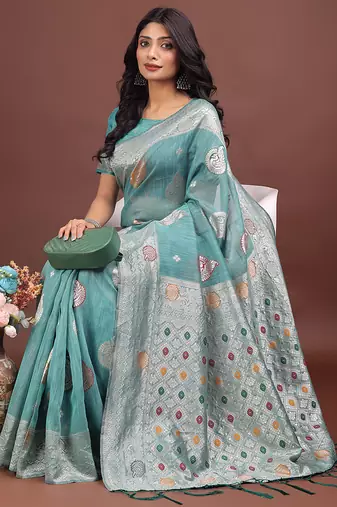 sea green cotton blend saree with woven zari pallu