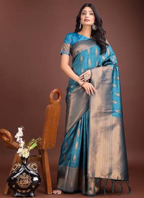 Teal blue banarasi silk blend saree antique gold woven motifs 1