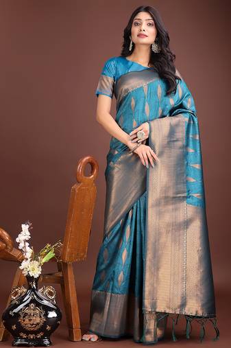 Teal blue banarasi silk blend saree antique gold woven motifs