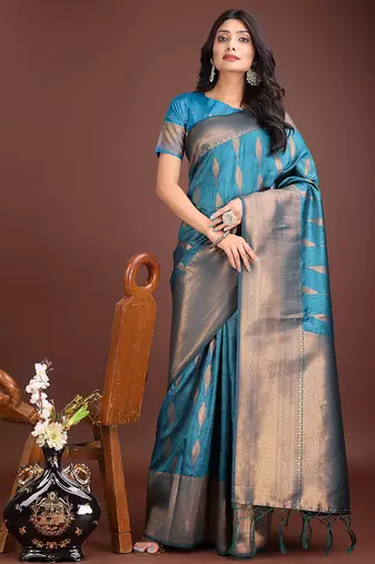 Teal blue banarasi silk blend saree antique gold woven motifs