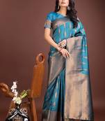 Teal blue banarasi silk blend saree antique gold woven motifs