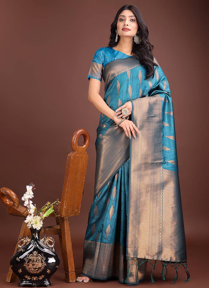 Teal blue banarasi silk blend saree antique gold woven motifs