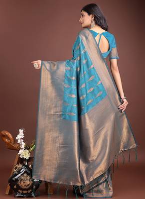 Teal blue banarasi silk blend saree antique gold woven motifs 2