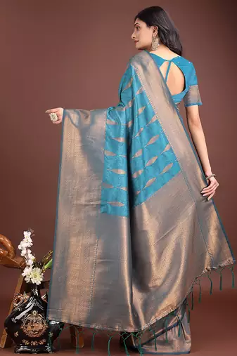 Teal blue banarasi silk blend saree antique gold woven motifs