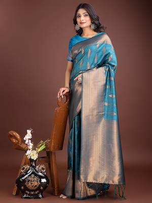 Teal blue banarasi silk blend saree antique gold woven motifs 3