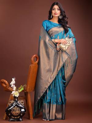 Teal blue banarasi silk blend saree antique gold woven motifs 4