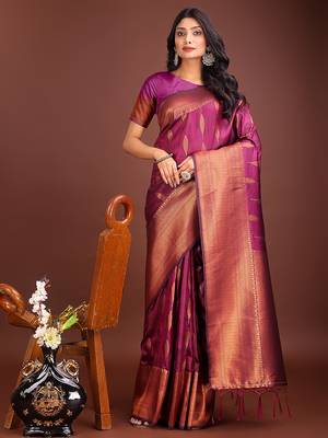 Dark magenta banarasi silk blend saree antique gold woven motifs 1