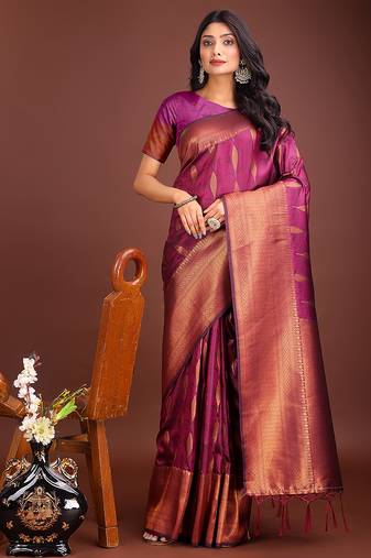 Dark magenta banarasi silk blend saree antique gold woven motifs