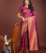 Dark magenta banarasi silk blend saree antique gold woven motifs