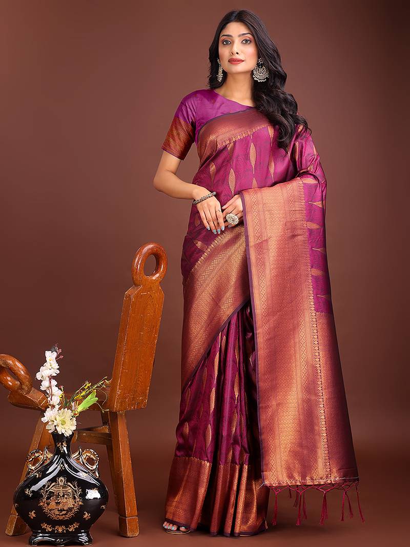 Dark magenta banarasi silk blend saree antique gold woven motifs