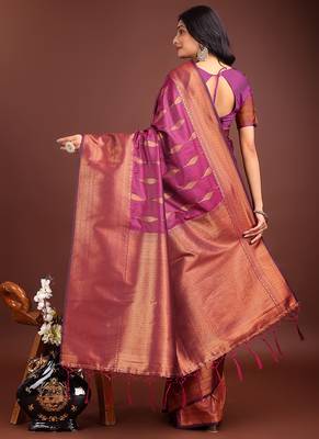 Dark magenta banarasi silk blend saree antique gold woven motifs 2