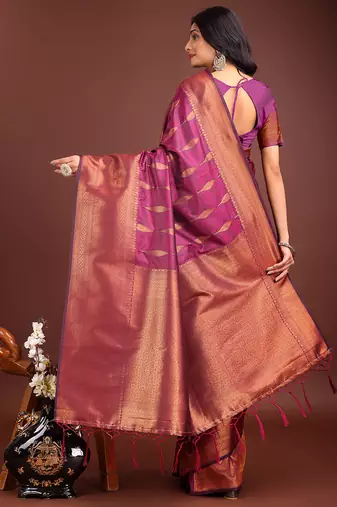 Dark magenta banarasi silk blend saree antique gold woven motifs