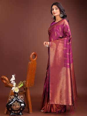 Dark magenta banarasi silk blend saree antique gold woven motifs 3