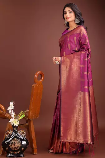Dark magenta banarasi silk blend saree antique gold woven motifs
