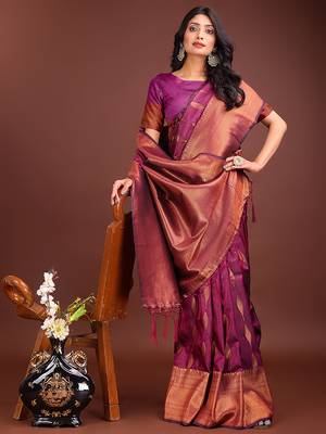 Dark magenta banarasi silk blend saree antique gold woven motifs 4