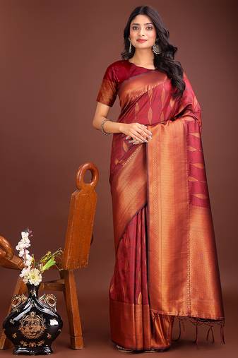 Maroon banarasi silk blend saree antique gold woven motifs
