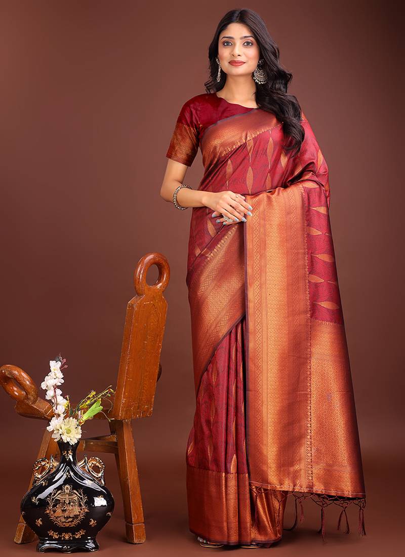 Maroon banarasi silk blend saree antique gold woven motifs